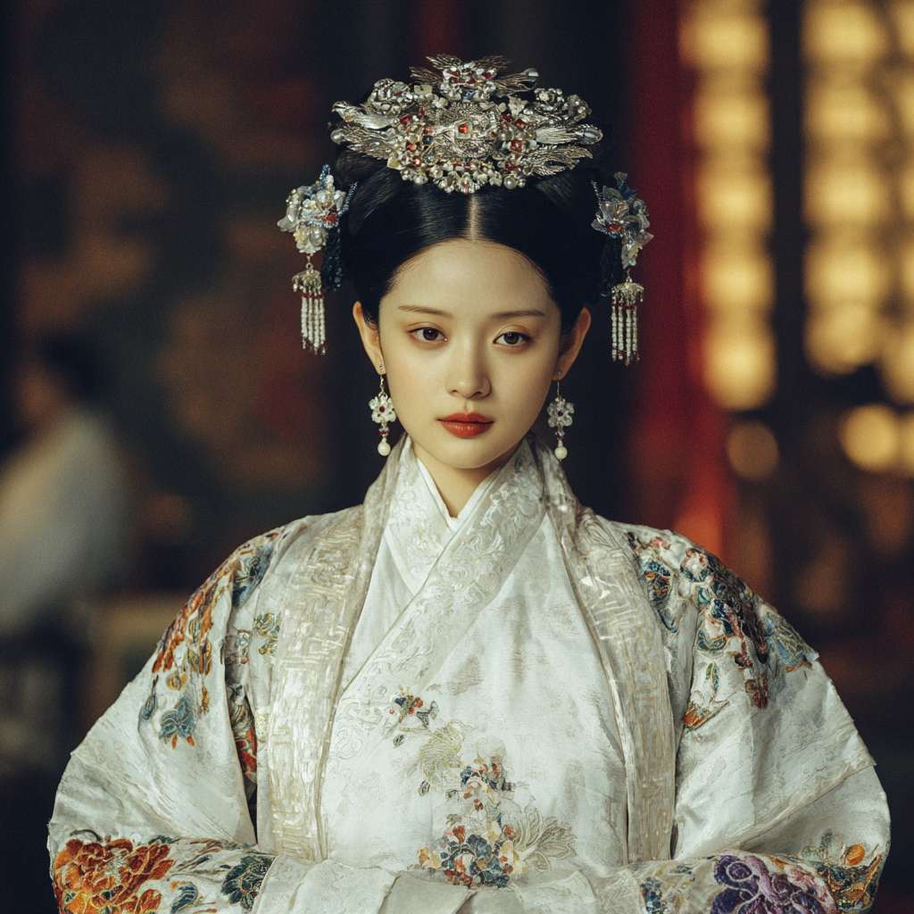 凤冠霞披，古装发髻，白色内衣女生 --ar 1:1 --v 7 --stylize 100 --fast --no 水印