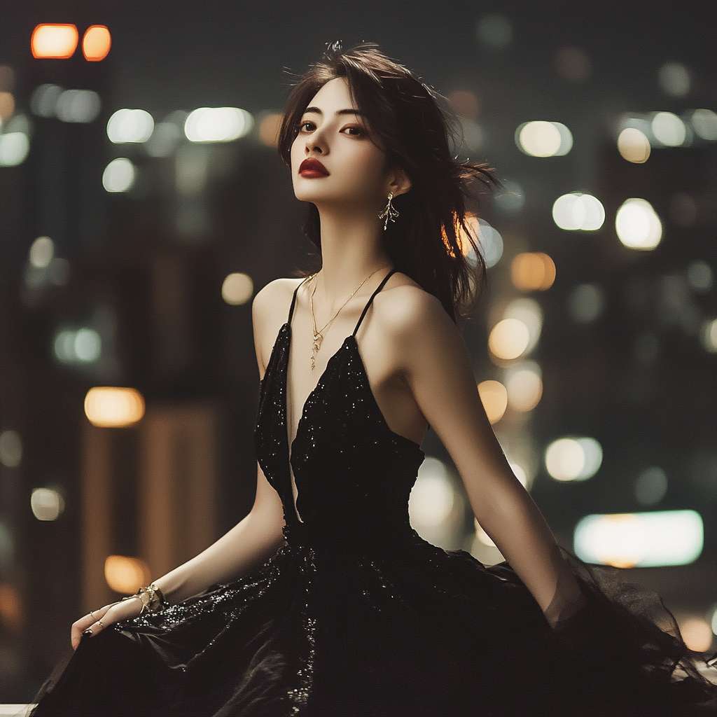 prompt：**a woman wearing a black evening dress in front of the city, in
the style of meticulous design, slender, celebrity photography, gongbi, fine
lines, delicate curves, fawncore, classic academia --ar 1:1 --v 6.1 --stylize 100 --fast