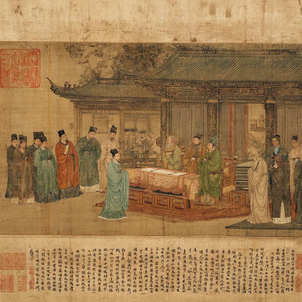 "中国水墨画风格，吴越王钱俶向宋太宗献图，宋代宫殿背景，工笔重彩，钱俶手捧舆图躬身而立，宋太宗端坐龙椅，周围大臣肃立，淡雅青绿设色，留白处题诗，古典印章，历史场景。" --ar 1:1 --v 7 --stylize 100 --fast --no 水印