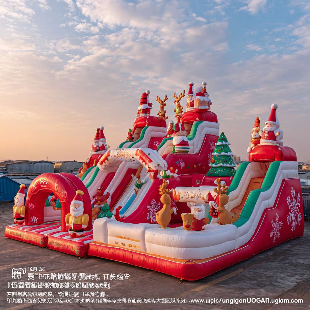 “逼真的大型充气游乐场，以圣诞节为主题，采用红色和白色绿色蓝色色调，设有多个充气圣诞老人、充气圣诞树、充气麋鹿、充气雪橇、充气雪花、滑梯、拱形入口，有些地方还有飘落的雪花的贴图，布置在有雪的户外广场区域。温暖的阳光营造出一种活泼、适合家庭游玩的氛围，黄金时分的光线，细节精致”[4K][不要文字] --ar 1:1 --v 7 --stylize 100 --fast --no 水印