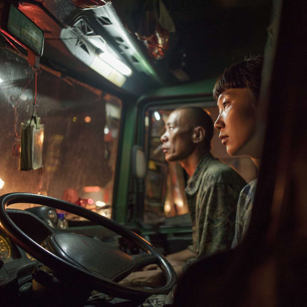 大货车，夜间形式，驾驶舱内，高中生短发和开车的司机40岁，抽着烟 --ar 1:1 --v 7 --stylize 100 --fast --no 水印