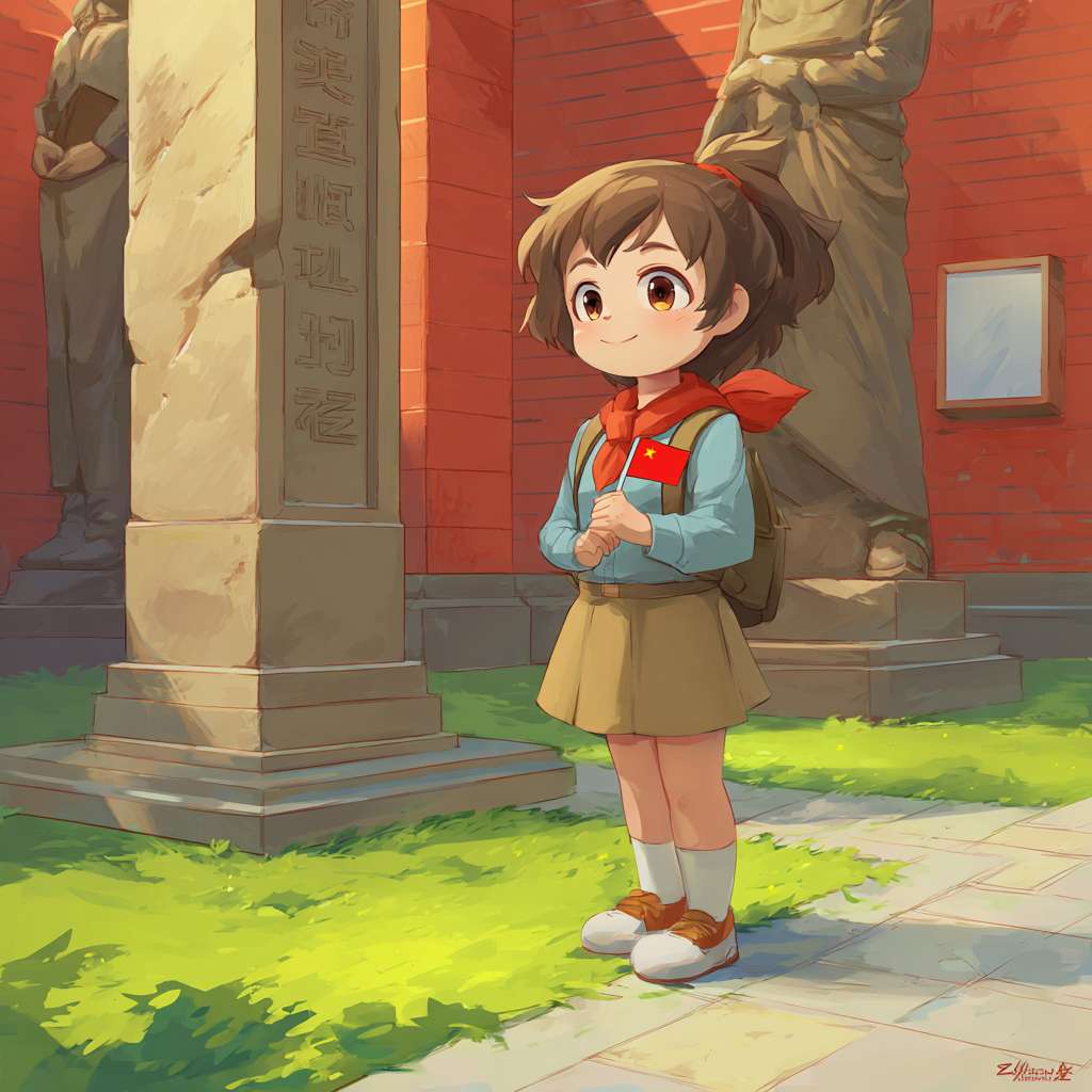 Cartoon style, a young girl in school uniform (light blue shirt, red scarf, khaki skirt, white shoes) holding a small Chinese flag, standing in front of the "中央秘书处旧址纪念馆" stele. Behind her: simplified bronze - style statues with rounded edges and warm brown tones, a red - brick building with cartoon - like architectural details, lush green grass, and light - colored stone pavement. Keep the character proportions consistent with the original, use bright and vibrant colors, smooth shading, and soft outlines. --ar 1:1 --v 7 --stylize 100 --fast --no 水印