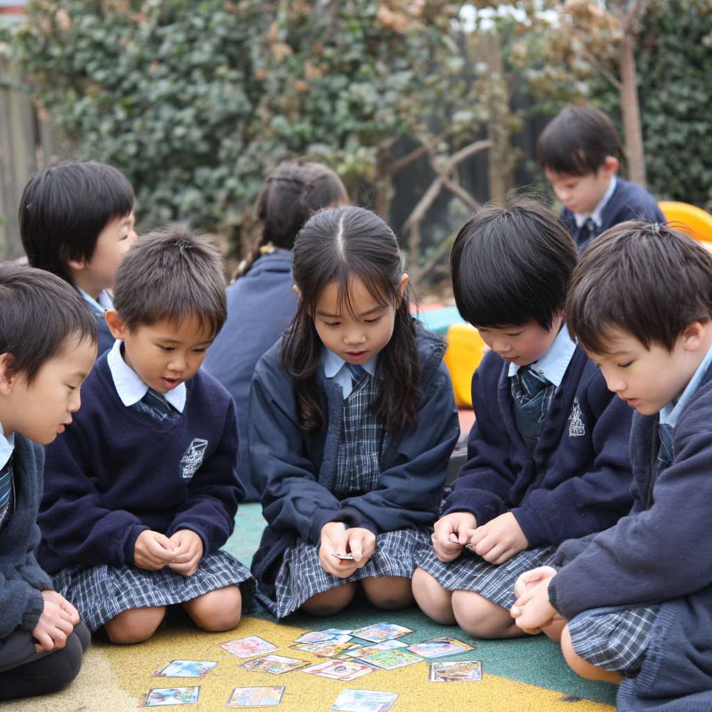 一班小六穿校服的學生們在校園裡圍成一個半圓形，以瀕危動物為主題，學生們一起遊玩瀕危動物圖案的卡牌遊戲 --ar 1:1 --v 7 --stylize 100 --fast --no 水印