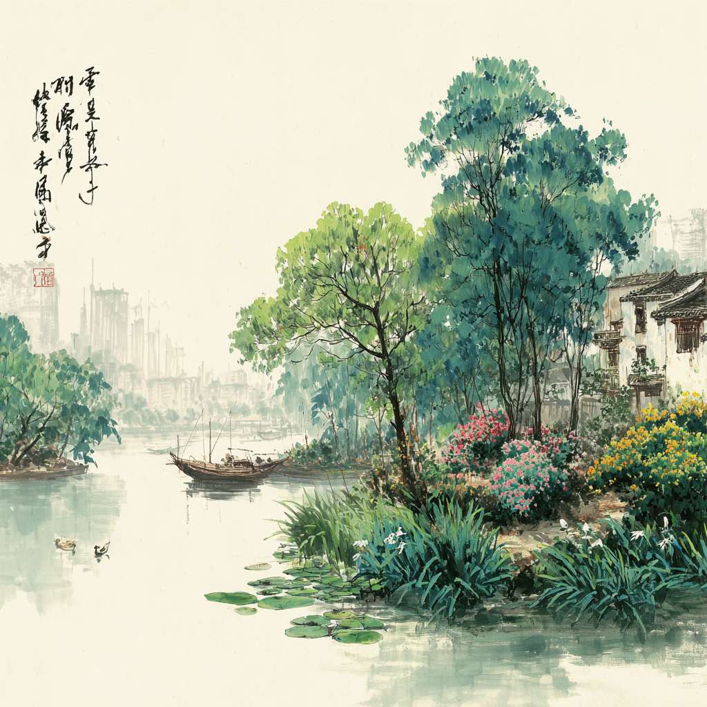 请画一幅关于杨浦滨江的简笔画，滨江边上有马尾草、绣球花、粉黛乱子草、蒲苇、水杉树，绿树环绕 --ar 1:1 --v 7 --stylize 100 --fast --no 水印