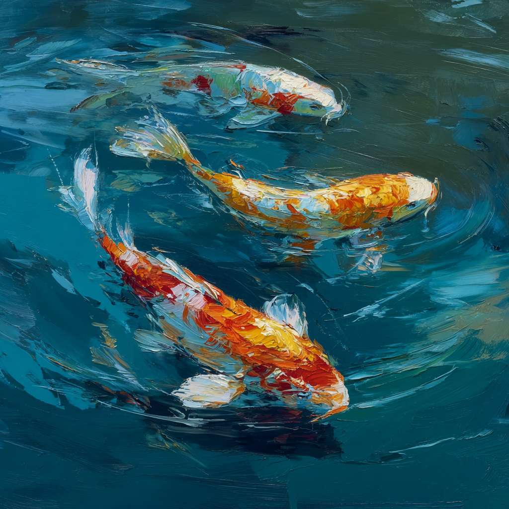 Dreamlike blue water with rippling color and sinuous koi, expressive brushwork capturing motion, oil. --ar 1:1 --v 7 --stylize 100 --fast