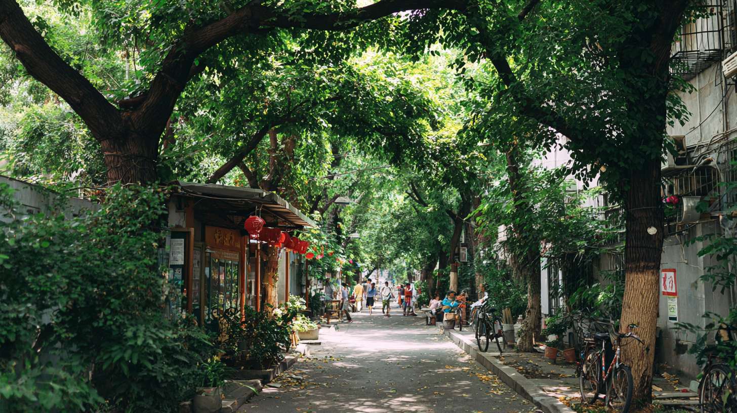 小区内的绿荫、市民在树下休憩。 --ar 16:9 --v 7 --stylize 100 --fast --no 水印