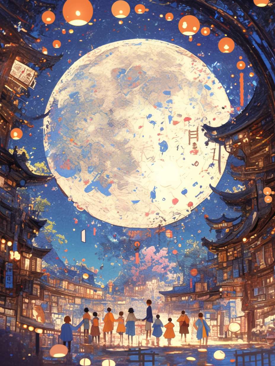 The background of the picture is a huge moon, and several children are playing with lanterns. The atmosphere is festive, and the moon is drawn with complex linear colored lines. The illustration is drawn with flat style colored lines, with red as the main color. It is an imaginative illustration, with a bird's-eye view, 64K, --ar 3:4 --stylize 1000 --fast --niji 6