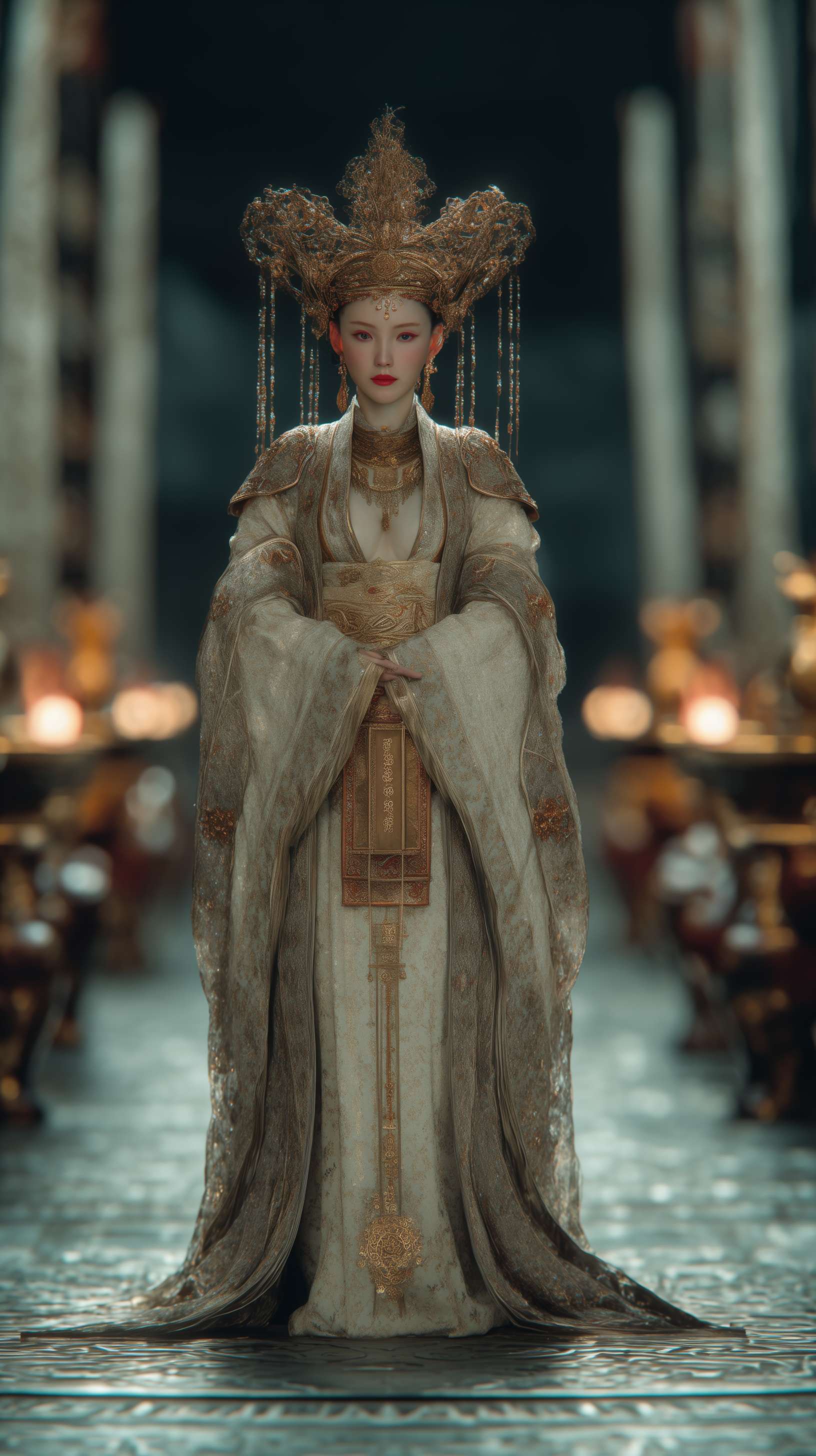 Realistic cinematic scene of a nine - tailed fox concubine in Shang Dynasty - style gold - inlaid gossamer robes, facing the camera on a sacrificial terrace framed by bronze taotie columns. She wears a nine - phoenix gold crown, tails cascading like liquid metal with glowing lapis tips. Her powdered face features ancient diagonal blush, slit - pupil eyes, vermilion lips, and fox - shaped earrings. Blurred background bronze vessels emit cyan foxfire, tortoiseshell floor patterns glowing under moonlight. Central symmetric composition emphasizes her ritual jade tablet and symmetrical tails. Shot with Canon EOS R5 in 8K UHD, icy moonlight contrasts with warm lamp glow, highlighting metallic textures and pallid skin for a mythic, opulent court aesthetic. --ar 9:16 --v 7 --stylize 100 --fast