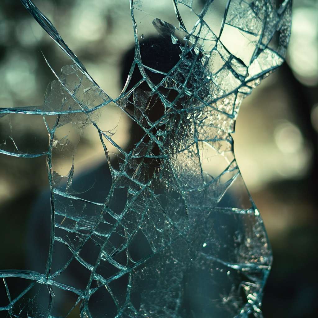 破碎的玻璃镜面映出模糊人影 人物是男的 想表达一段感情结束了 不再执着不再抱有希望 想把这个图片放到朋友圈里 并且想让她看到 --ar 1:1 --v 6.1 --stylize 100 --fast