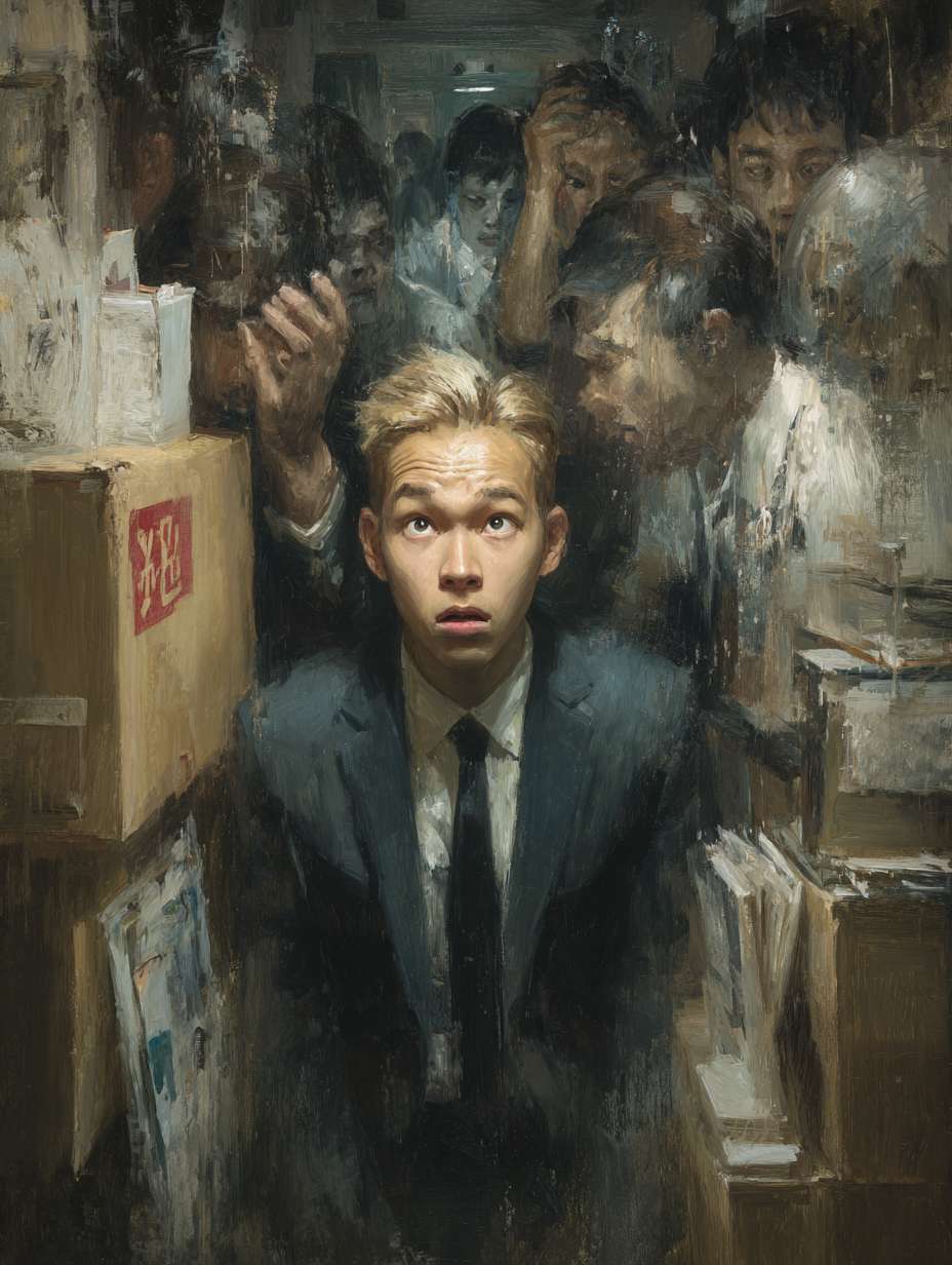 职场的烦躁人 --ar 3:4 --v 7 --stylize 100 --fast --no 水印