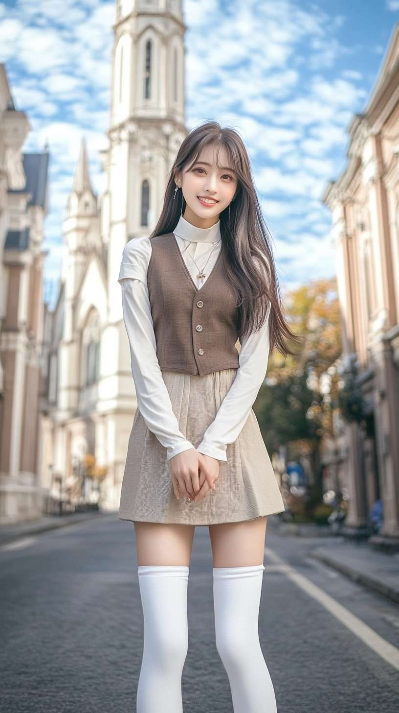 亚洲美少女，超短裙，高领，露肩，长袖线衫，马甲线，过膝长靴，白色裤袜，教堂门口大街，长发，微笑，酒窝，高清晰 --ar 9:16 --v 6.1 --stylize 100 --fast --no 水印,水印,水印
