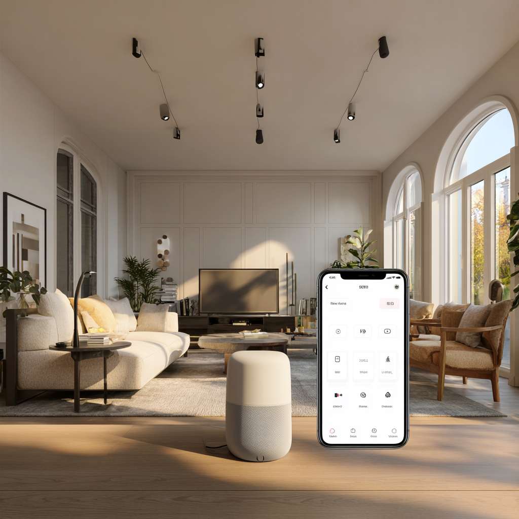 智能家居控制中心

Prompt（英文）: A modern living room smart home ecosystem, a smartphone screen controlling a Bluetooth smart bulb, Bluetooth speaker, and smart thermostat, cozy afternoon light, stylish interior design --ar 1:1 --v 7 --stylize 100 --fast --no 水印