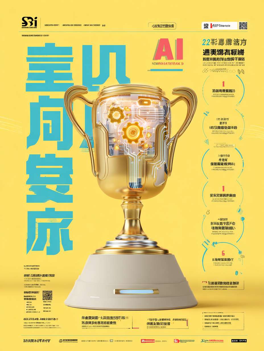企业科技活动海报,超高质量,8K分辨率,大师级设计,信息可视化。
**核心主题**:标题“模型擂台赛”和副标题“8.22正式启动”必须以巨大、清晰、精美的立体字形式置于海报顶部,使用深蓝色(#0A2463)。
**构图与布局**:海报采用清晰的网格布局,将信息分块处理,避免拥挤。背景为明亮活力的淡黄色(#FFF9C4)。
**中央视觉元素**:一个发光的金色奖杯,奖杯杯身内嵌一个由电路板和齿轮构成的AI大脑模型,象征智能竞赛。奖杯基座上刻着“AI”字样。
**环绕信息块**:奖杯周围分布着六个清晰的、带有图标的信息框,每个框内容如下:
1. 【团队图标】+ “参赛对象:科技条线员工,1-3人组队”
2. 【赛题图标】+ “赛题:公共赛题(反洗钱)| 自选命题”
3. 【评分图标】+ “评分:应用价值(40%)、技术创新(30%)、落地可行(30%)”
4. 【日历图标】+ “关键日期:报名8.28 | 审核9.1 | 提交9.19 | 答辩9.26 | 公示9.30”
5. 【评委席图标】+ “评委:王若愚、谢治国、李涛 及AI专家团”
6. 【报名图标】+ “报名:联系数据管理部 吴倪宇”
**底部信息**:海报底部横幅显示口号“赋能AI技术 · 解决业务痛点”。
**风格**:现代扁平化设计,混合轻微的霓虹发光效果。信息图表化,布局开阔,有呼吸感。
**色调**:主色调-淡黄(#FFF9C4)。辅助色-深蓝(#0A2463)、金色(#FFD700)、白色(#FFFFFF)。信息框使用半透明白色,文字使用深蓝色。
**氛围**:专业、权威、创新、激励。 --ar 3:4 --v 7 --style raw --stylize 100 --fast --no 水印
