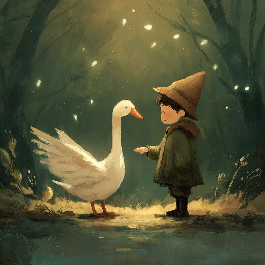 请使用插画风格。在森林深处有一只小白鹅和一个少年，小白鹅和少年的高度一致，且只占画面的五分一，他们两个面对面站着，小鹅伸出翅膀，少年伸出小手，翅膀和小手相碰。少年穿着全年的斗篷，斗篷的帽子很大，把脸都遮住了。森林上方打下一束柔和的光，光里漂浮着亮晶晶的孢子。孢子很大，大约像少年的手一样大 --ar 1:1 --v 7 --stylize 100 --fast --no 水印