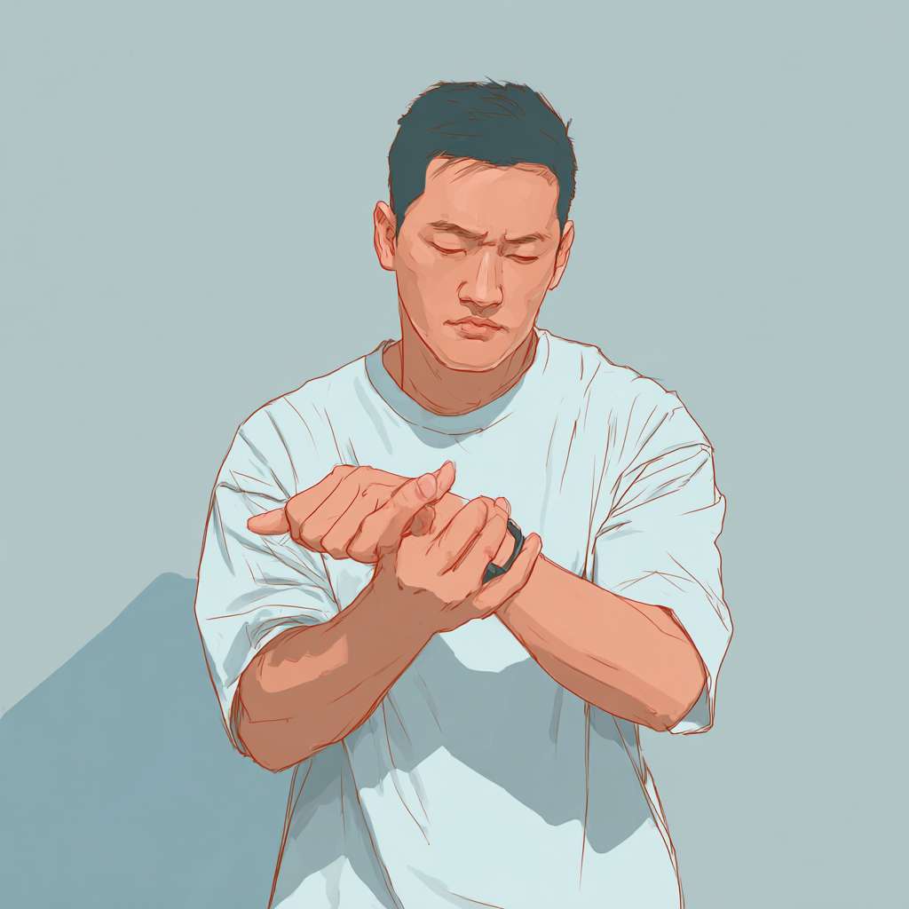 A picture of an Asian person  slapping their cubital fossa --ar 1:1 --v 7 --stylize 100 --fast