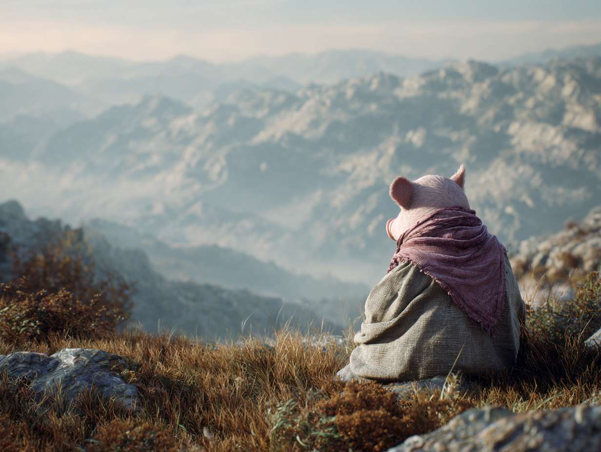 Photorealistic cinematic image，A pale pink pig on the grass next to the mountaintop, facing away from the camera,it also it's a scarf around it head, which is partially covering it face, giving her a mysterious look.Overall, these images convey a sense of desolation and grandeur, possibly telling a story about adventure, and emotional expressions all suggest that this may be a work with a strong narrative and visual impact,with a rocky mountain range behind it, and fog connecting the mountain range, full of warm colors and ultra high definition real materials，Ultra wide view shot， highly detailed photo. --ar 4:3 --v 7 --style raw --stylize 100 --fast