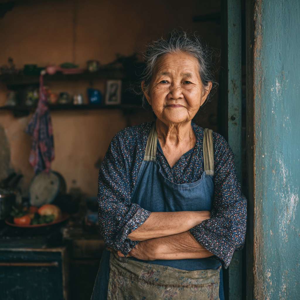 奶奶系着围裙从屋里走出，脸上是慈祥的笑容，在围裙上擦了擦手，向多多走去 --ar 1:1 --v 7 --stylize 100 --fast --no 水印