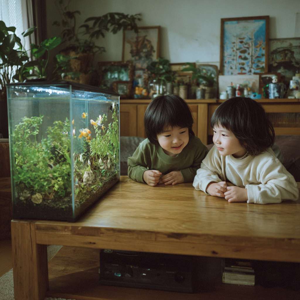 白天客厅，木头茶几，几个外国小孩趴在茶几边上，观看小鱼缸 --ar 1:1 --v 7 --stylize 100 --fast --no 水印