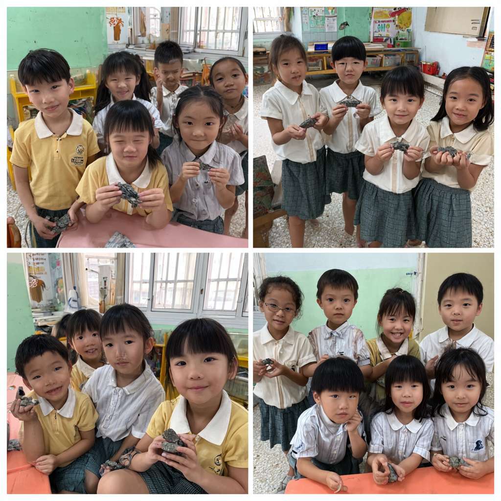 一班小六穿校服的學生們在校園裡圍成一個半圓形，以卡通的風格展示穿山甲、老虎、水獺、熊貓、飛鼠、龜等等的瀕危物種，讓學生們一起將積木併上瀕危動物圖案上 --ar 1:1 --v 7 --stylize 100 --fast --no 水印