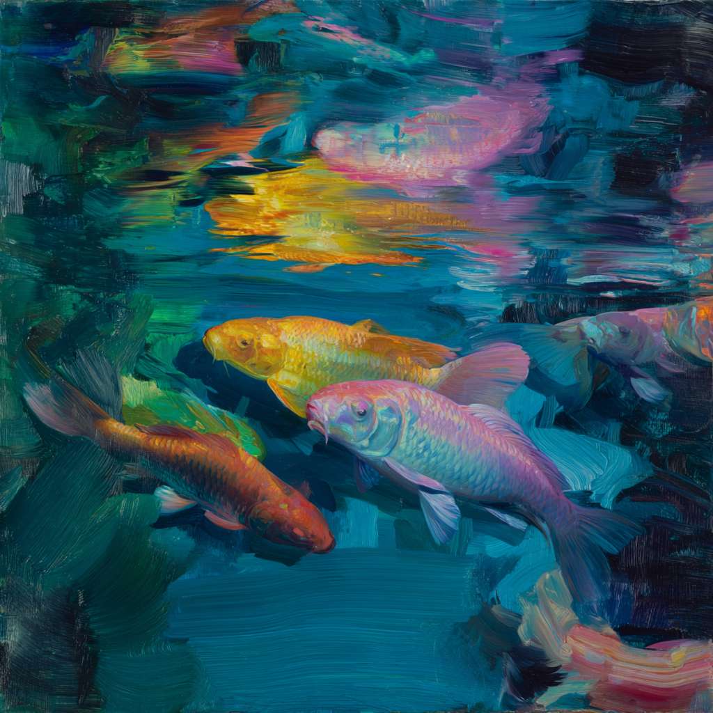 Surreal blue aquarium with koi shimmering in rainbow light, bold strokes for ripples, delicate strokes for fish details, abstract. --ar 1:1 --v 7 --stylize 100 --fast