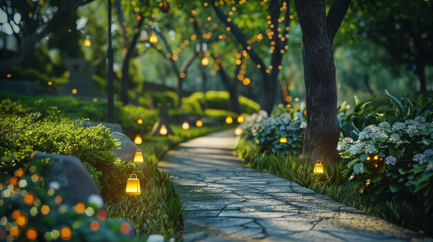 First-person view of walking path with floating mindfulness bell icons along the way, no text, augmented reality style --ar 16:9 --v 6 --stylize 100 --fast