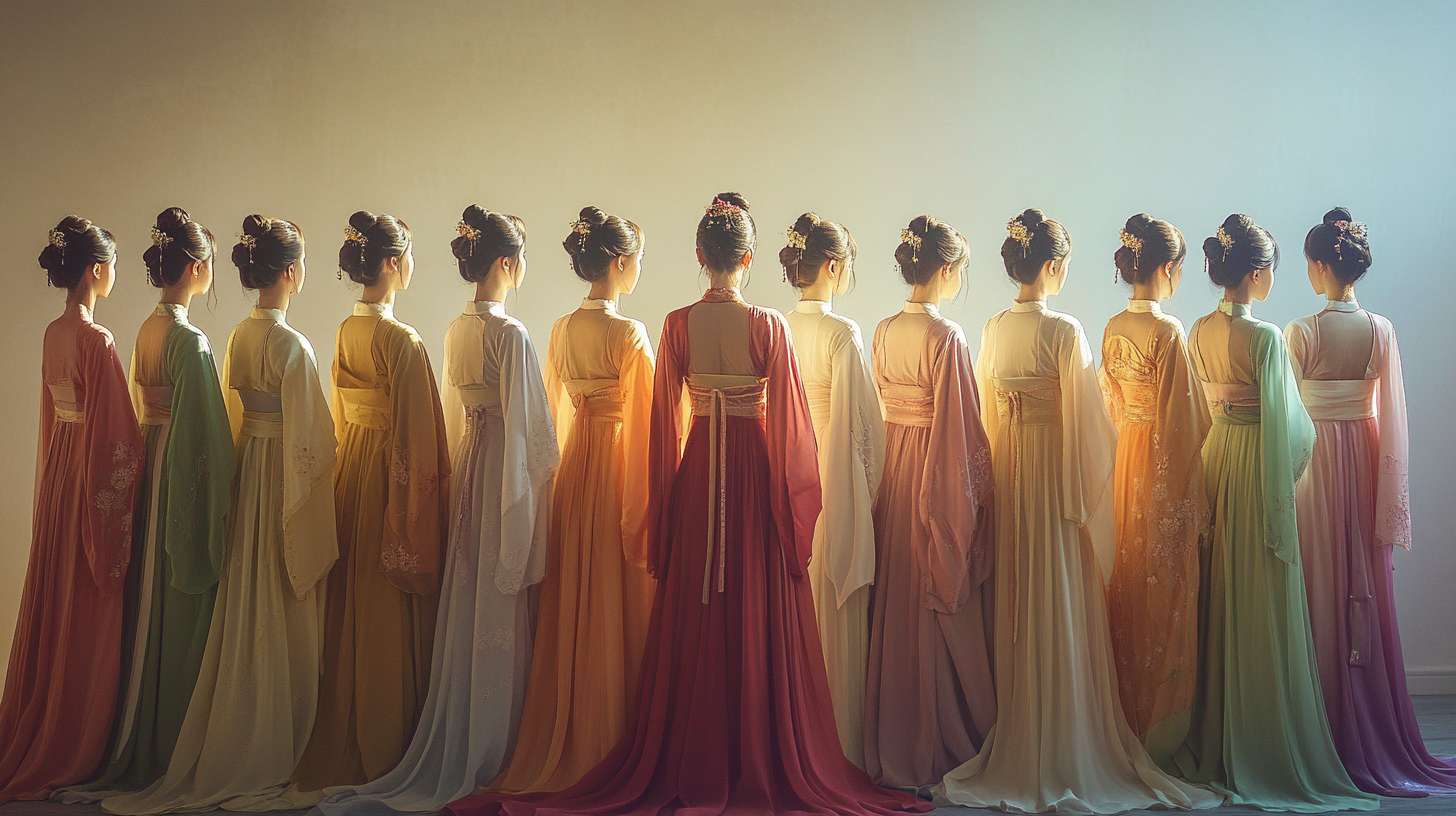 汉服，汉服图片，一张图片上有多套服装，一字排开，色彩淡雅，有模特，正对镜头 --ar 16:9 --v 6.1 --stylize 100 --fast