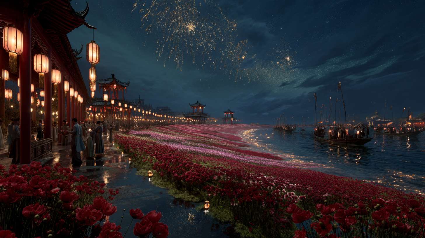 Unreal Engine 5 rendering, in this awe-inspiring scene of the ancient Luoyang Flower Festival, the composition centers on a vast sea of blooming peonies, surrounded by ancient-style pavilions, buildings, and winding corridors adorned with countless red lanterns, while the night sky is continuously lit up by colorful fireworks, the foreground features a celebrating crowd dressed in elegant Hanfu singing and dancing, the middle ground includes traditional Chinese architecture such as eaves-cornered pavilions, and the background blends deep blue starry skies with brilliant fireworks, in terms of color, vibrant reds, golds, and greens dominate, symbolizing luck and wealth, with the pink and white of the flowers sharply contrasting with the warm yellow of the lanterns, and the multicolored lights of the fireworks adding dynamic color variations, the lighting effects are exquisitely detailed, the soft glow from the lanterns casts warm shadows on people's faces and the ground, while the explosive flashes of fireworks create dazzling halos, contrasting with the cool moonlight to enhance the image's depth and dynamism, the entire scene is bustling and lively, with lanterns swaying gloriously, fireworks sparkling brilliantly, and the crowd cheering incessantly, as if transporting the viewer into a dreamlike ancient prosperous era filled with the charm of Chinese elements. --ar 16:9 --v 7 --c 20 --quality 4 --stylize 100 --fast