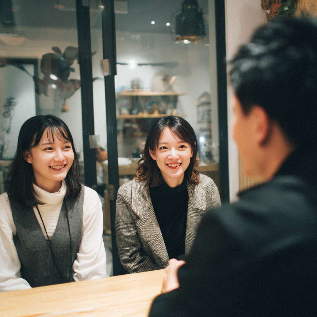 咖啡馆里三个时尚的女士并肩而坐，桌对面是一个男性保险代理人，右边的女孩眼神有些嫌弃，左边的女孩在批评她，中间的女孩看着男性保险代理人，表情有些抱歉。镜头从保险代理人右侧后方拍摄，能看到代理人的后背，和三个女生的正面 --ar 1:1 --v 7 --stylize 100 --fast --no 水印