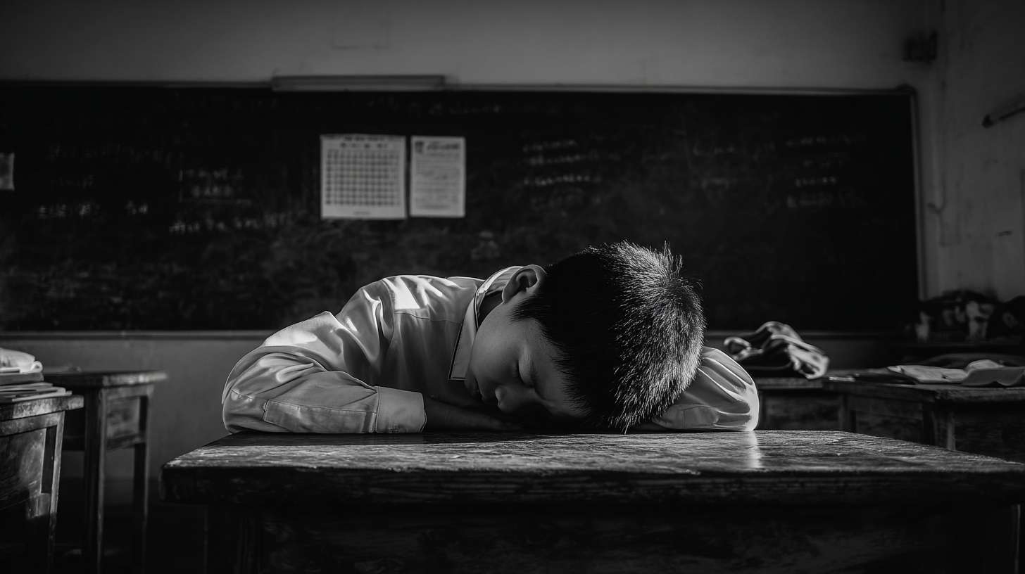 一个不听话的学生，趴在班级的桌子上 --ar 16:9 --v 7 --stylize 100 --fast --no 水印