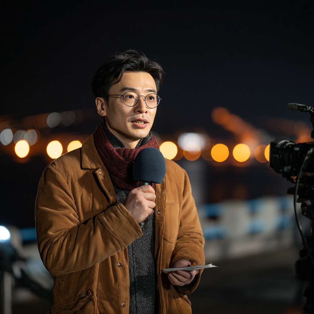 一个节目组导演拿着麦克风很认真地在指导现场，背景是一个夜晚的舞台 --ar 1:1 --v 7 --stylize 100 --fast --no 水印