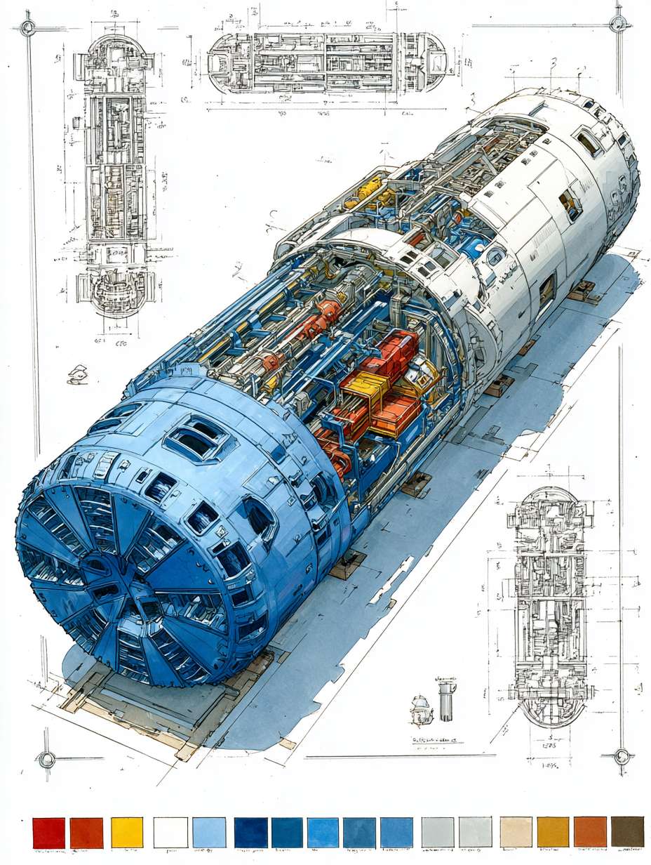 Tunnel Boring Machine (TBM) cutaway perspective blueprint illustration, dramatic wide-angle composition, three-quarter overhead view. Main subject: a highly detailed low-profile modern TBM (Earth Pressure Balance type) rendered in realistic hand-drawn watercolor sketch style, placed on clean white background. Features include: rotating cutterhead with disc cutters and scrapers, with watercolor texture and hand-drawn ink precision. Framed composition with architectural exploded-view edge sketches and directional arrows. Top-right corner includes a color palette swatch block, featuring: steel gray, industrial blue, soil brown, hydraulic red, and lining concrete white. --ar 3:4 --v 7 --stylize 100 --fast