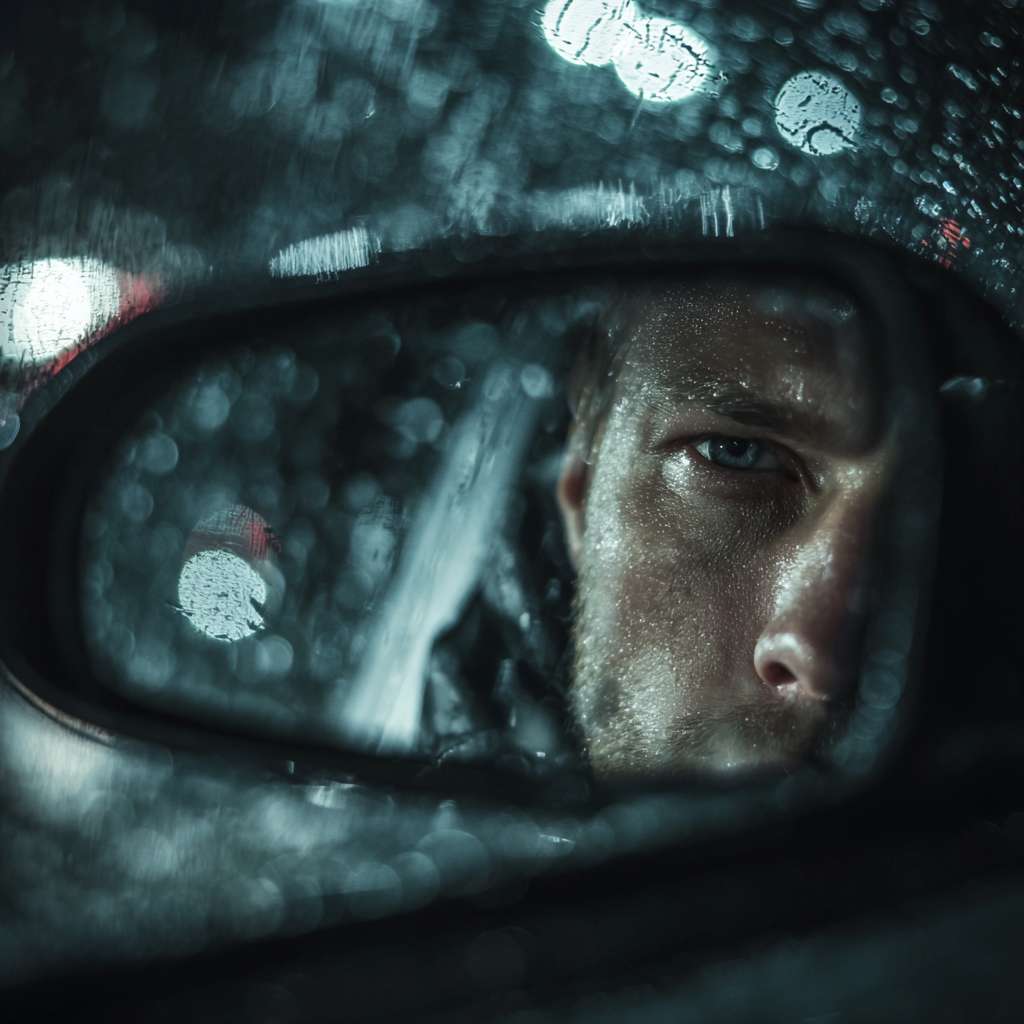 近景，雨夜，男人开车，眼睛看向倒车镜，神情紧张 --ar 1:1 --v 7 --stylize 100 --fast --no 水印