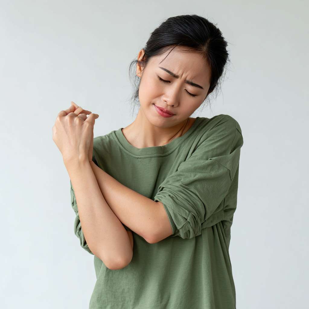 A picture of an Asian person peacefully slapping their cubital fossa --ar 1:1 --v 7 --stylize 100 --fast