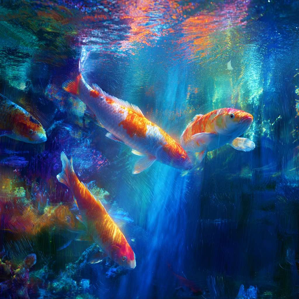 Vibrant underwater fantasy: blue water, 五彩光影，and energetic koi, 粗笔触 for texture, 细笔触 for movement, abstract. --ar 1:1 --v 7 --stylize 100 --fast --no 水印