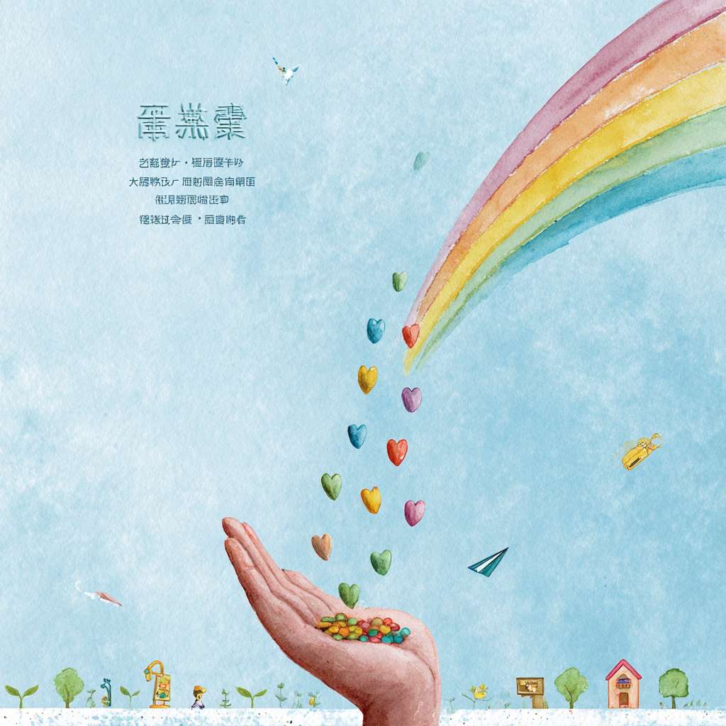 Chinese welfare lottery poster, A4 vertical, no text at all, picture-book watercolor style, soft pastel blue to white gradient background, big gentle hand center holding 7 small heart-shaped seeds in rainbow colors, seeds flying up forming a light rainbow arc, 7 childlike crayon sunshine rays from top, bottom green sprout line with 5 simple icons (crutch, book, house, heartbeat, tree), tiny paper plane at rainbow end, bright and hopeful, high-res 300 dpi, no money symbols, clean space for logo” --ar 1:1 --v 7 --stylize 100 --fast