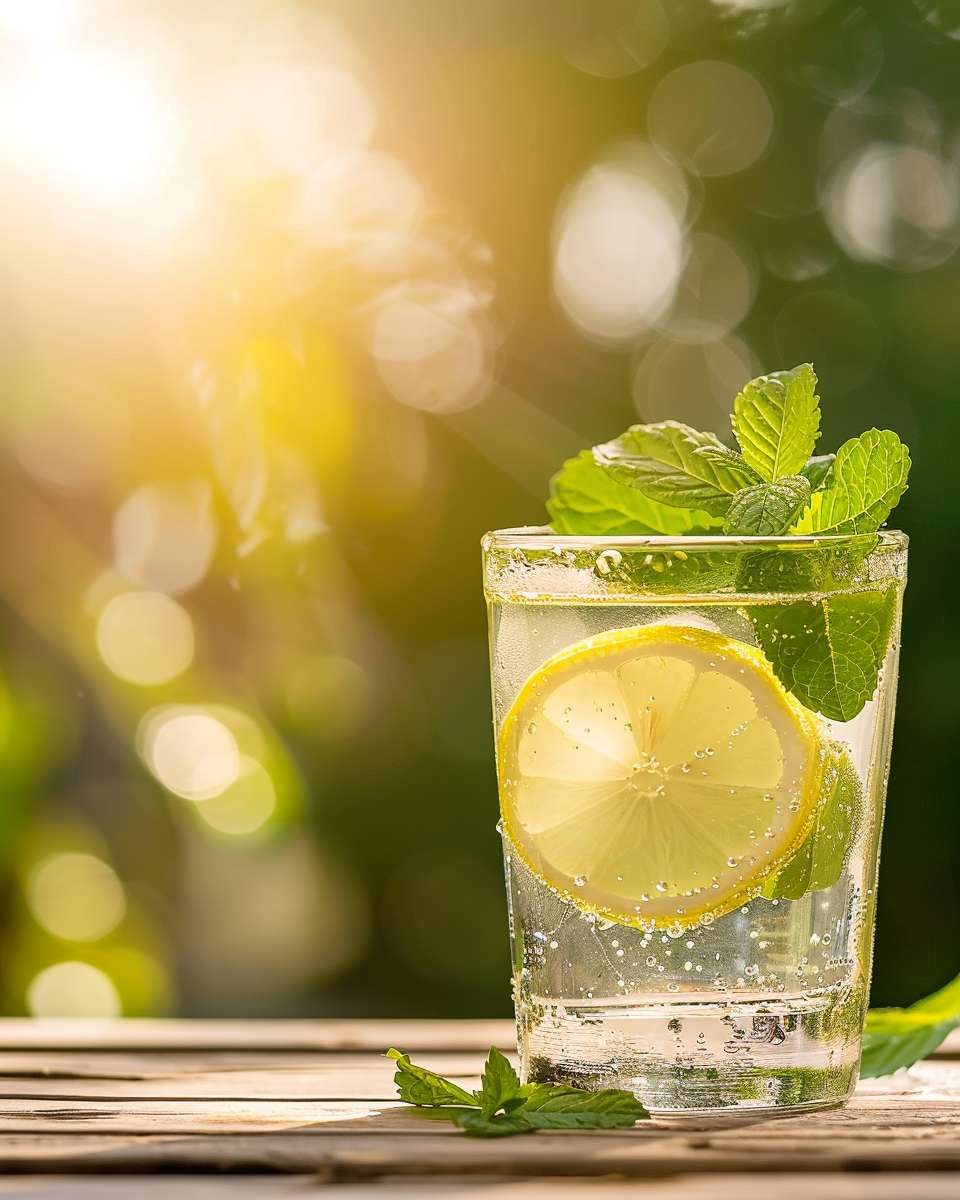 A glass of fresh lemon water with mint leaves on a wooden table, morning sunlight shining through, droplets on the glass, no text, clean and refreshing style --ar 4:5 --v 6 --stylize 100 --fast