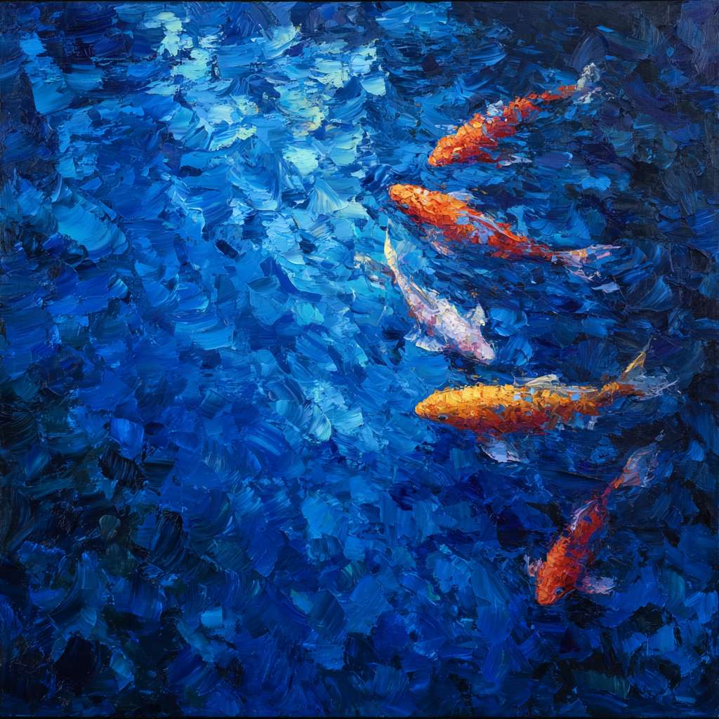 Dreamy depths in cobalt blue, iridescent light creating kaleidoscopic patterns, koi in agile motion, expressive strokes for water and fish, oil. --ar 1:1 --v 7 --stylize 100 --fast