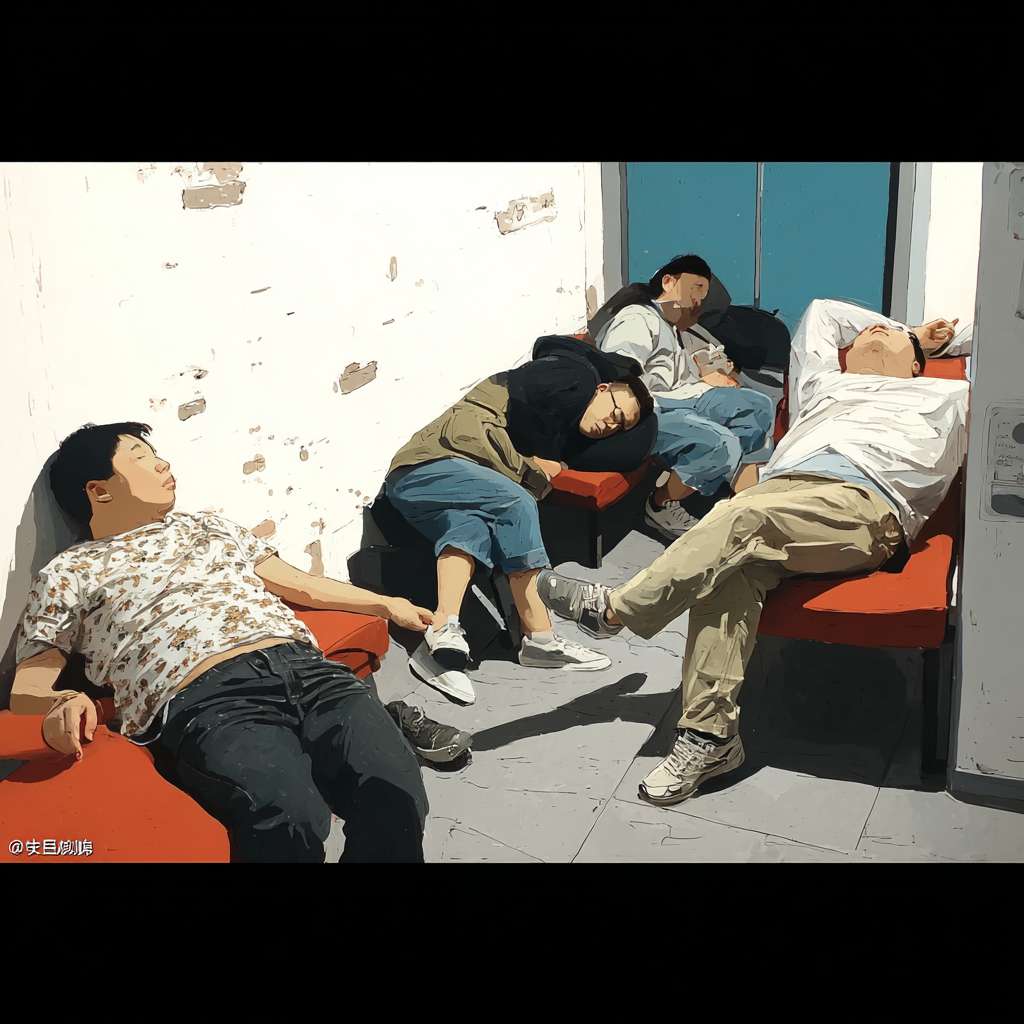 https://img-xpc-mj0.xpccdn.com/prod/upload/fc54d23e-863d-4a3d-a08a-155b4e371e95/DSC05182.JPG~tplv-5yakomv5zn-auto-v1%3A1024%3A0%3Aq75.jpg 参考图片场景，显示几个人在场景内以不同姿势休息的卡通图片，画面清晰，人物显示完整，墙体无涂鸦 --ar 1:1 --v 7 --stylize 100 --fast --iw 1 --no 水印