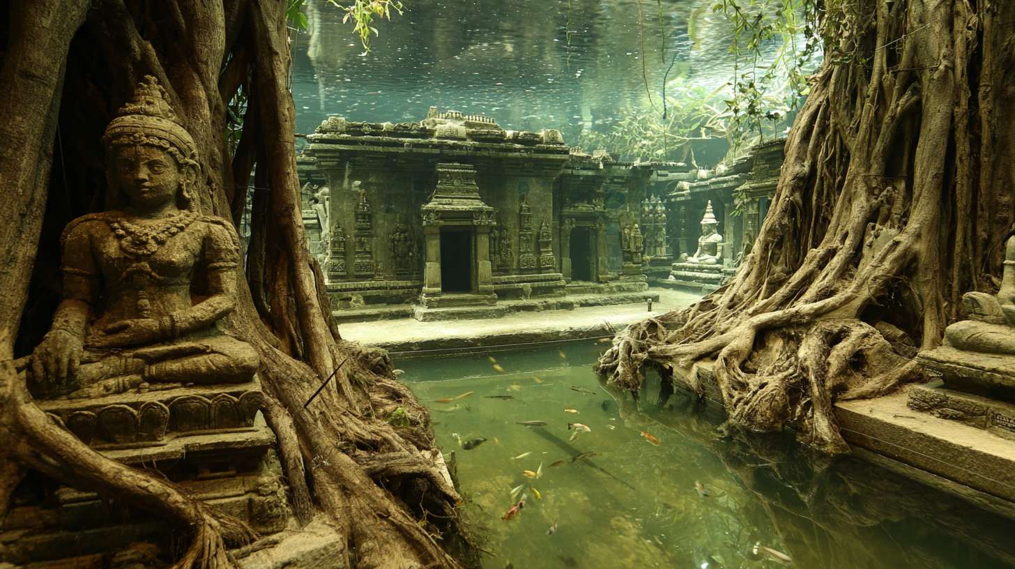 海底造景，玛雅神像，玛雅建筑，榕树根，场景造型，鱼缸内， --ar 16:9 --v 7 --stylize 100 --fast --no 水印