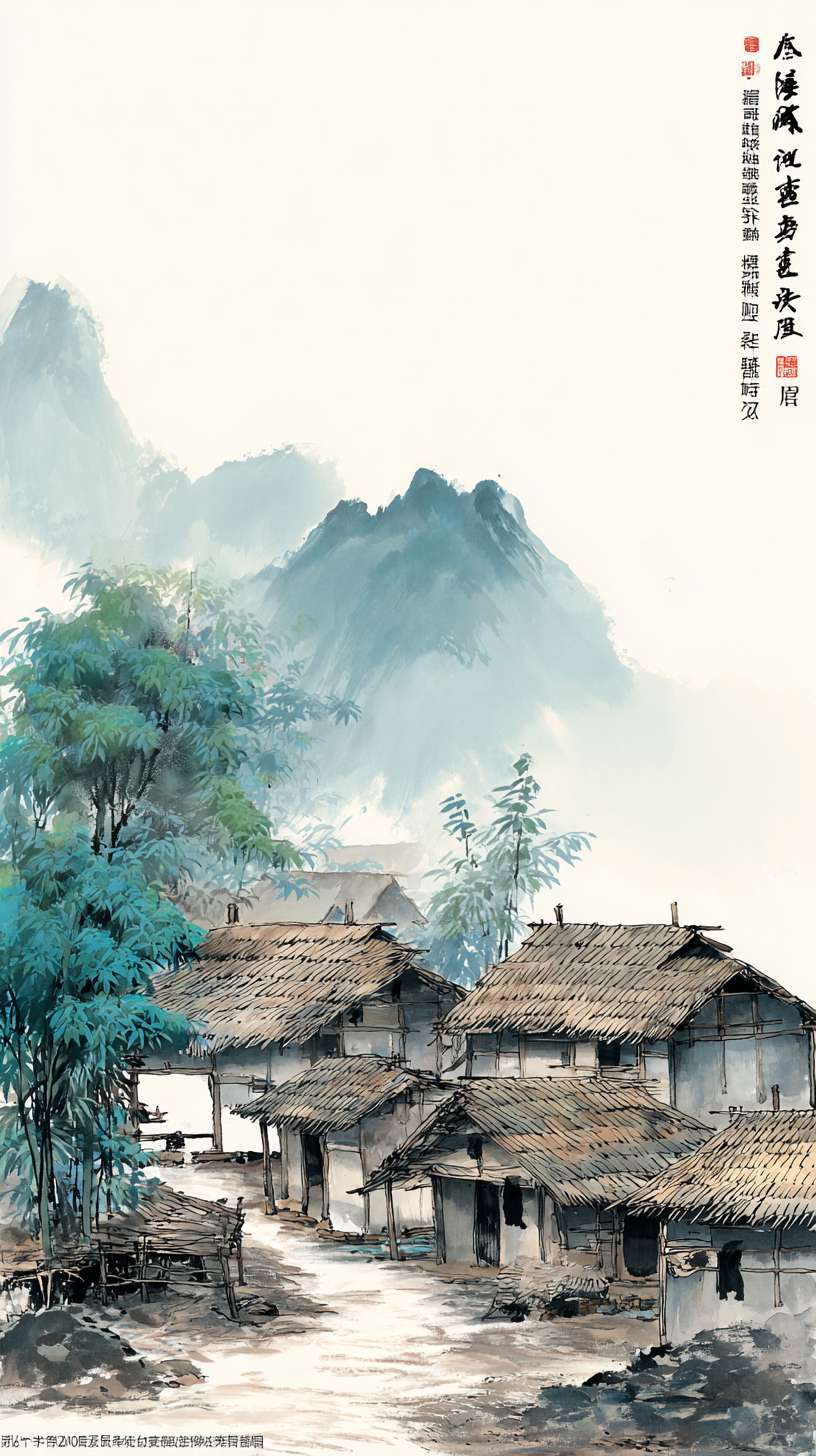 新手村-水墨风
750x1334px
构图:竖版全景,下方 2/3 为村落(3-4 间茅屋、竹篱笆、石板路),上方 1/3 为远山(层峦叠嶂)核心元素:- 茅屋:稻草屋顶(焦墨点画)、竹木结构(淡墨线条)- 炊烟:淡墨留白,呈 “S” 形飘散- 点缀:村口老槐树(浓墨枝干、淡墨树叶)、田埂小路
主色调:灰蓝色(R150-170, G160-180, B180-200)辅助色:- 屋顶稻草:暖灰色(R160-170, G150-160, B130-140)- 树叶:淡绿色(R140-150, G160-170, B130-140)统一适配:灰蓝色与其他场景主色调明度对齐(保持 30%-85% 区间)
1. 炊烟用 “淡墨晕染 + 留白” 技法,与竹林的薄雾笔触一致2. 茅屋线条粗细与武馆的木架线条保持统一3. 远山墨色层次与山间小路的云海层次一致
笔触参考:传统水墨画《富春山居图》(线条粗细变化、墨色层次)
色彩参考:游戏《仙剑奇侠传七》水墨风场景(淡雅色调、统一明度)
元素参考:动画《雾山五行》背景(竹林、山间场景的水墨质感) --ar 9:16 --v 7 --stylize 100 --fast --no 水印
