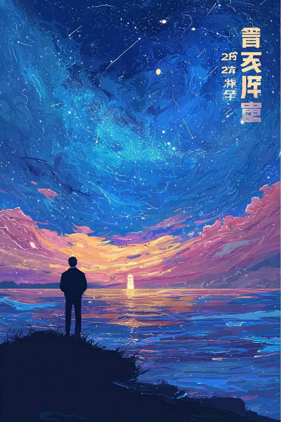 https://img-xpc-mj0.xpccdn.com/prod/upload/4dfeb8dd-245d-4783-9504-b11af8391cce/7aa9eafb5e50560f57ea6eadfa01c5dd.png~tplv-5yakomv5zn-auto-v1%3A1024%3A0%3Aq75.jpg 根据上传图片风格生成插画背景，不要文字，以海洋陆地星空为主，反应人的成长与追求，人物为剪影背影，大气，色彩丰富，线条多样，笔触明显 --ar 2:3 --v 7 --stylize 100 --fast --iw 1 --no 水印