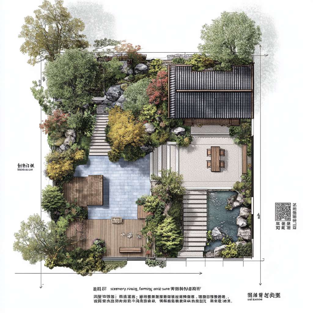 请根据以下描述生成一个建筑平面图。一、庭院功能分区与动线规划
1. 前院(迎宾景观区)
尺寸:4m×8m(靠近主入口)
核心元素:
中式门廊:悬挑1.5m宽灰瓦檐廊,地面铺青石板,设木质长凳供休憩。
曲径通幽:鹅卵石拼花小径(宽0.8m)蜿蜒至入口,两侧种植修水本地毛竹、蕨类。
水景点睛:利用小溪活水引入小型叠水景(宽1m×长2m),配石磨盘流水装置。
2. 侧院(实用功能区)
功能复合:
农具收纳:竹篱笆围合2m×3m工具间,顶部攀缘凌霄花遮阳。
晾晒区:防腐木平台(3m×3m),配可收放晾衣绳。
3. 后院(私密休闲区)
设计要点:
亲水平台:防腐木搭建挑台(4m×3m)延伸至溪边,设固定藤编桌椅。
生态菜园:阶梯式种植箱(1.2m高,方便老人操作),种植辣椒、薄荷等易打理作物。
夜景观赏:沿溪悬挂竹编灯笼,安装太阳能草坪灯(色温2700K暖光)。
二、中式美学细节设计
元素 实现方式 成本控制技巧
围墙 1.2m高青砖基座+上部竹格栅(间距15cm) 基座用本地红砖刷青灰漆,节省30%成本
地面铺装 60%青石板(主径)+30%砾石(排水带)+10%防腐木(平台) 砾石层下铺土工布防杂草
植物搭配 上层:桂花(香氛)+ 红枫(秋色)
中层:南天竹+芭蕉
下层:麦冬+矾根 选择2-3年生苗木,本地采购降低运费
小品装饰 旧石槽改荷花池、陶罐组合盆景、仿古拴马石 利用老物件再造景,文化感强且低成本
三、气候适应性设计
防潮排水
地面整体坡度3%向小溪方向倾斜,砾石排水沟沿建筑周边设置。
亲水平台底部架空10cm,采用菠萝格防腐木(耐湿性优于杉木)。
夏季遮阳
廊架顶部覆盖50%透光率的竹编遮阳板,搭配紫藤、葡萄等攀缘植物。
东西侧种植常绿女贞树篱(高2.5m),阻挡午后西晒。
冬季防风
北侧用木槿+珊瑚树混植绿篱(密度0.8m/株),降低冷风侵袭。
休息区设可拆卸透明防风帘(亚克力板+木框),冬季临时加装。
四、适老化安全设计
无障碍通行:所有通道宽度≥1m,无台阶设计,门槛高差<1cm。
防滑处理:青石板表面做荔枝面处理(摩擦系数≥0.6),木平台加防滑凹槽。
应急便利:
休憩区每10m设一键呼叫按钮(直连老人房报警器)。
夜间路径灯带嵌入地面(照度50-100lux),自动感应启动。
五、成本优化方案(预算3-5万元)
项目 推荐做法 单价参考
硬质铺装 本地青石板(60元/㎡)+ 砾石(30元/㎡) 1.2万元(约200㎡)
木作 菠萝格防腐木平台(350元/㎡) 1.5万元(40㎡)
绿化 本地苗木+自播草花 0.8万元(含土壤改良)
水景 小型循环水泵+旧石槽改造 0.3万元
照明 太阳能庭院灯+LED灯带 0.4万元
六、四季景观搭配建议
季节 观赏焦点 植物选择
春 入口紫藤花廊 紫藤、杜鹃、迎春
夏 荷池与芭蕉听雨 荷花、芭蕉、茉莉
秋 红枫与桂花香径 红枫、桂花、菊花
冬 竹石景观与常绿树 毛竹、南天竹、茶梅
七、施工注意事项
管线预埋:庭院照明线路穿PVC管埋深≥40cm,预留智能灌溉接口。
植被养护:芭蕉、竹子等根系发达植物需距建筑基础≥2m。
生态保护:溪边保留1m原生植被缓冲带,防止水土流失。
效果示意:
日景:白墙黛瓦掩映竹影,青石小径蜿蜒至溪边,木平台上老人闲坐品茶。
夜景:竹灯笼暖光映照水面,麦冬草间的萤火虫灯星星点点,宛如水墨画卷。
通过功能复合、在地材料利用和精细化适老设计,可在有限预算内实现“观景、务农、休闲”三合一的舒适庭院。 --ar 1:1 --v 6.1 --stylize 100 --fast