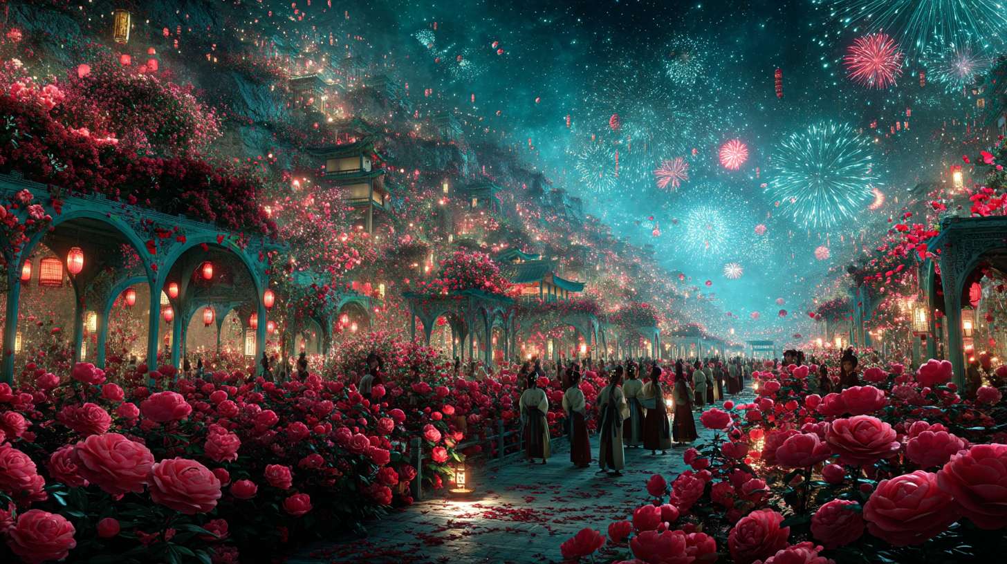 Unreal Engine 5 rendering, in this awe-inspiring scene of the ancient Luoyang Flower Festival, the composition centers on a vast sea of blooming peonies, surrounded by ancient-style pavilions, buildings, and winding corridors adorned with countless red lanterns, while the night sky is continuously lit up by colorful fireworks, the foreground features a celebrating crowd dressed in elegant Hanfu singing and dancing, the middle ground includes traditional Chinese architecture such as eaves-cornered pavilions, and the background blends deep blue starry skies with brilliant fireworks, in terms of color, vibrant reds, golds, and greens dominate, symbolizing luck and wealth, with the pink and white of the flowers sharply contrasting with the warm yellow of the lanterns, and the multicolored lights of the fireworks adding dynamic color variations, the lighting effects are exquisitely detailed, the soft glow from the lanterns casts warm shadows on people's faces and the ground, while the explosive flashes of fireworks create dazzling halos, contrasting with the cool moonlight to enhance the image's depth and dynamism, the entire scene is bustling and lively, with lanterns swaying gloriously, fireworks sparkling brilliantly, and the crowd cheering incessantly, as if transporting the viewer into a dreamlike ancient prosperous era filled with the charm of Chinese elements. --ar 16:9 --v 7 --c 20 --quality 4 --stylize 100 --fast