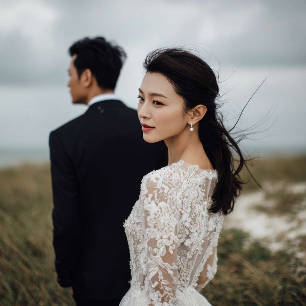 基于你的需求，我为你设计了一个浪漫的婚纱照拍摄场景描述（适合用于AI绘图或摄影参考），结合了自然元素和经典婚纱照氛围： --ar 1:1 --v 7 --stylize 100 --fast --no 水印