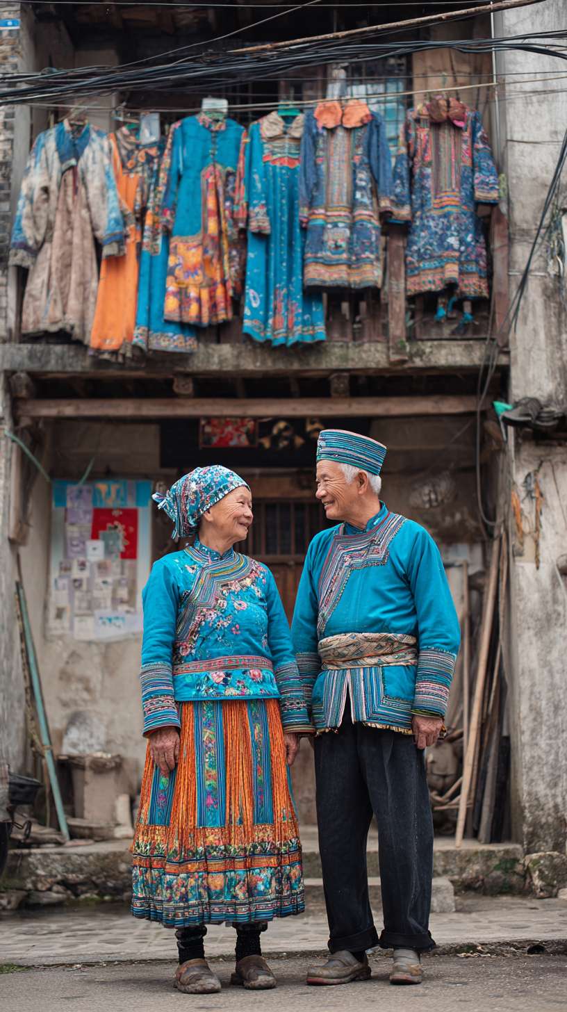 街拍特写土家族元素衣服的人与土家族人人擦肩而过的瞬间，颜料的涂抹感+肌理感，丙烯插画，虚实反复穿插，非传统构图的艺术，蓝+橙。所有人都是土家族。还有吊脚楼，掉价楼上还有各种土家族的衣服晒着，帮我用这个画面做一个包装，上面品牌名称“湘界”产品名称为“入清湘界” --ar 9:16 --v 7 --stylize 100 --fast --no 水印