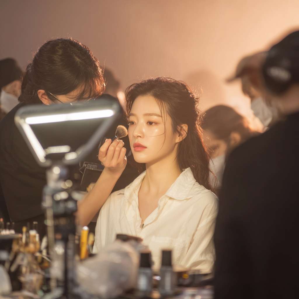 女演员在后台化妆，有化妆师在帮她补粉，她看着一面专业的灯光化妆镜，还有造型师帮她在弄头发，灯光比较暗，画面是一个暖色调 --ar 1:1 --v 7 --stylize 100 --fast --no 水印