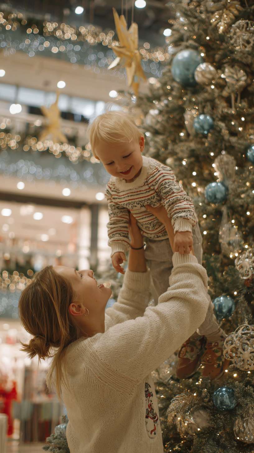 2圣诞树顶挂星星，妈妈托举孩子，树身缠绕彩灯，地面有未挂的袜子装饰，镜头从下往上推，温馨写实风妈妈和孩子都金发，妈妈轧丸子头 --ar 9:16 --v 7 --stylize 100 --fast --no 水印