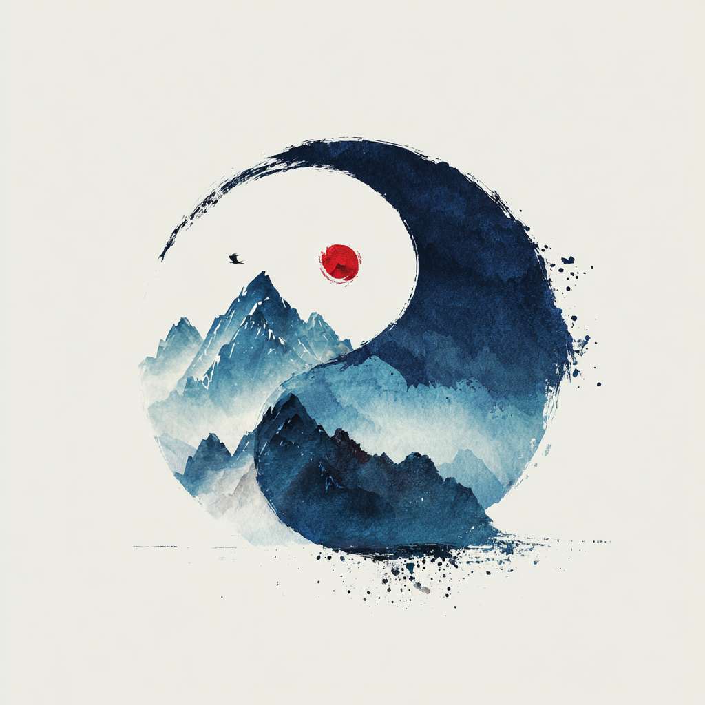 The circular logo adopts the traditional Chinese ink Tai Chi symbol (not a circle), with alternating shades of blue, black, and white. It is surrounded by a hazy silhouette of a blue mountain range, with a red dot in the center (only the red origin, symbolizing the sun). The mountain range extends slightly from the imaginary part of Tai Chi, adding artistic conception. The background is pure white, with a Zen style, simple design, no text, no watermark, high resolution, vector image, and white space at the edges of the image. Pay attention to the artistic conception of the image, and have a combination of movement and stillness --ar 1:1 --v 7 --stylize 100 --fast