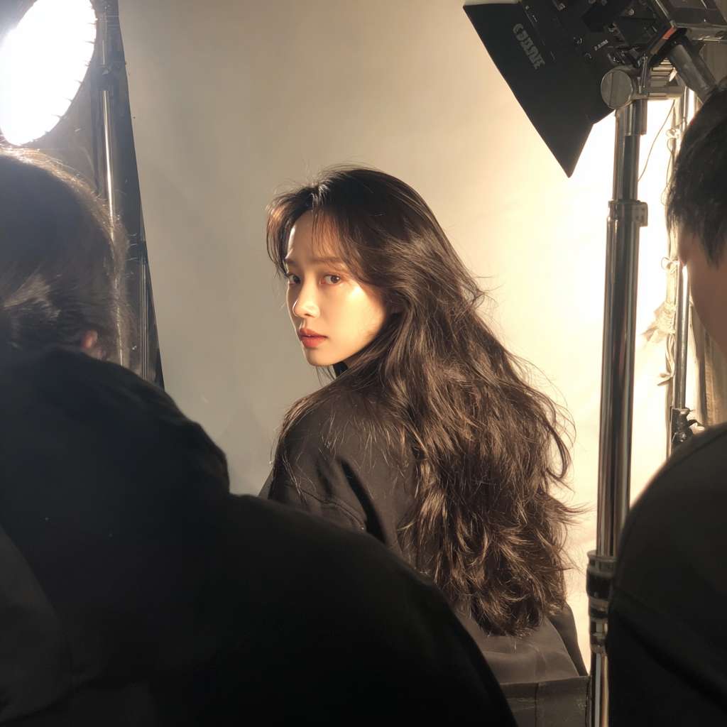 女演员在后台做头发造型，有化妆师在帮她补粉，她看着一面专业的灯光化妆镜，还有造型师帮她在弄头发，画面是一个暖色调，女演员背对着镜子，镜子反射出她的容貌 --ar 1:1 --v 7 --stylize 100 --fast --no 水印