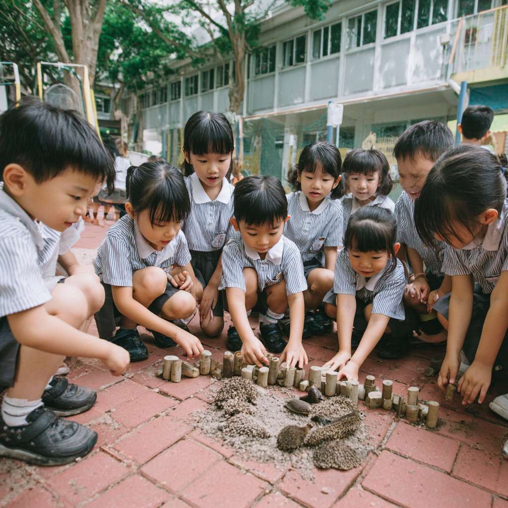 一班小六穿校服的學生們在校園裡圍成一個半圓形，以卡通的風格展示穿山甲、老虎、水獺、熊貓、飛鼠、龜等等的瀕危物種，讓學生們一起將積木併上瀕危動物圖案上 --ar 1:1 --v 7 --stylize 100 --fast --no 水印